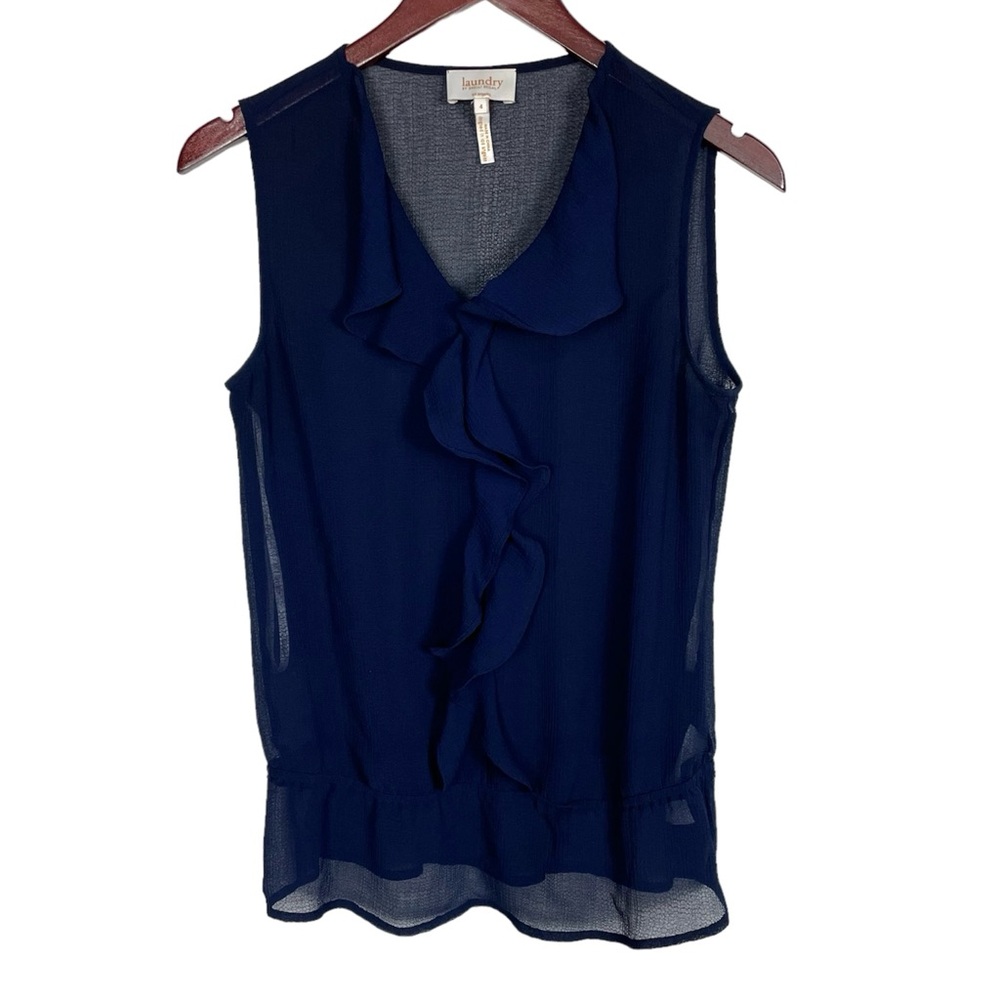 Laundry by Shelli Segal Navy Blue Ruffle Front Semi-Sheer Sleeveless Top Size 4